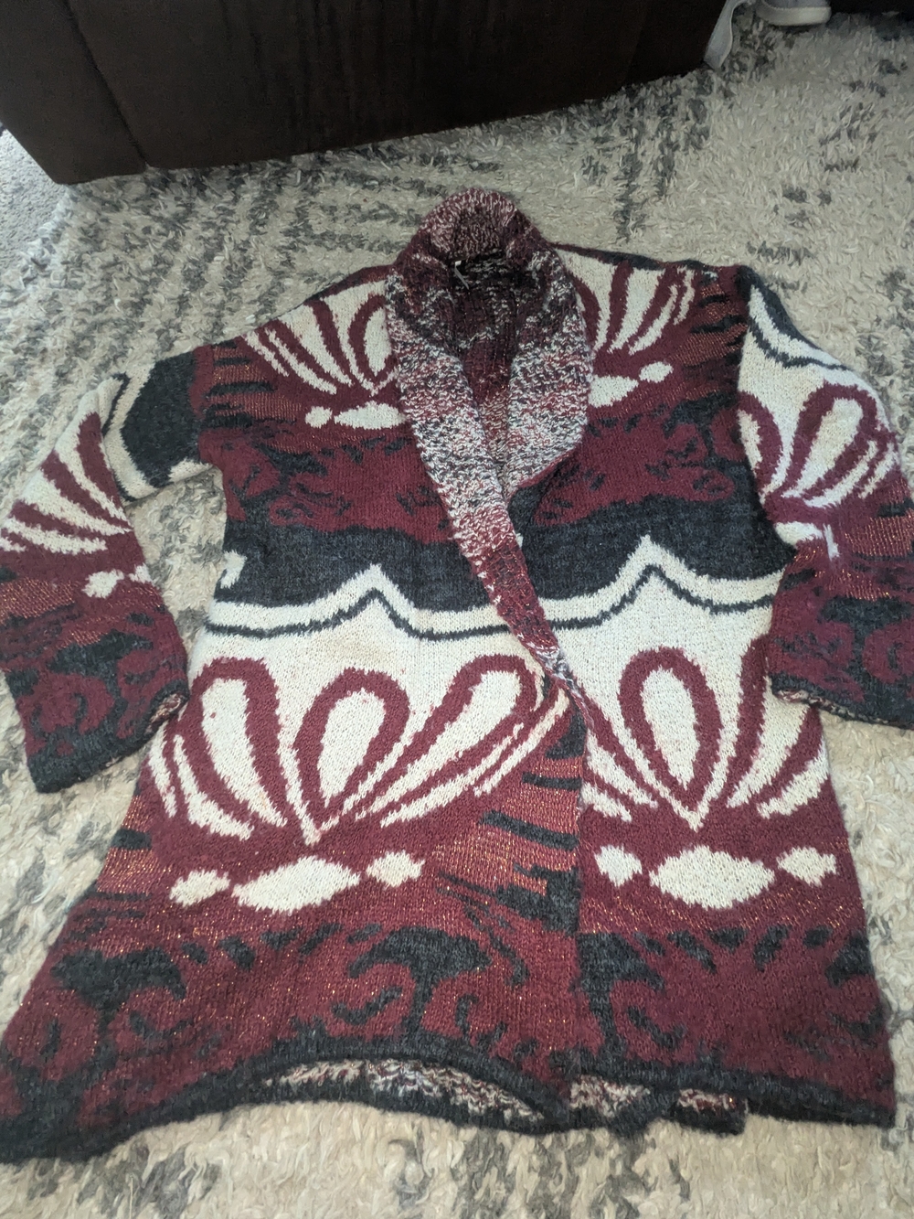 Free People Burgundy, Cream & Charcoal Floral-Pattern Shawl Cardigan